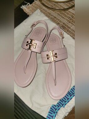Tory Burch Blush Leather Thong Sandals with Gold Logo Size 7